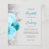 Budget Türkis Floral Silver QR Code Hochzeit (Vorderseite)