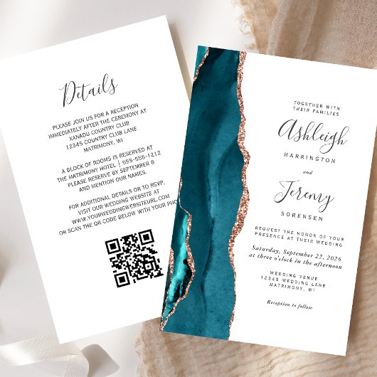 Budget Türkis Roségold QR-Code Hochzeitseinladung