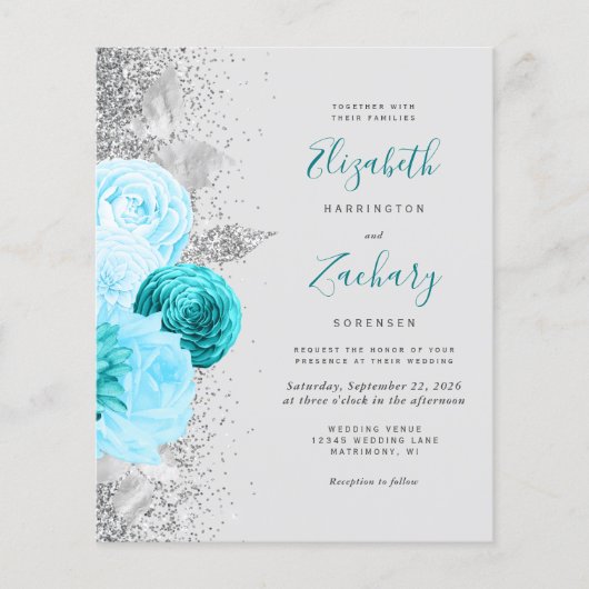Budget Turquoise Floral Silver Glitzer Hochzeit (Vorderseite)