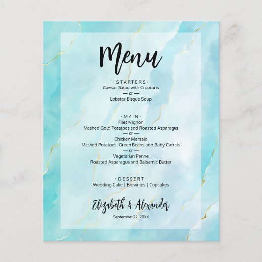 Budget Turquoise Gold Marmor Wedding Menü (Vorne)