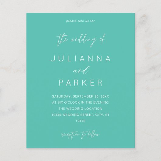 Budget Turquoise Green MOD Calligraphy Wedding Flyer (Vorne)