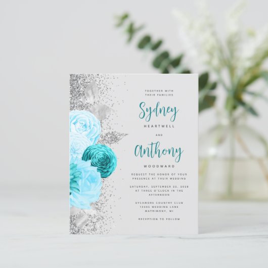 Budget Turquoise Silver Floral Calligraphy Wedding (Stehend Vorderseite)