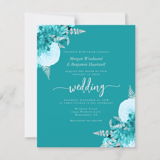 Budget Turquoise Silver Floral Wedding Invite (Vorderseite)