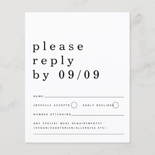 Budget Typografy Schwarz-weiß Wedding RSVP (Vorderseite)