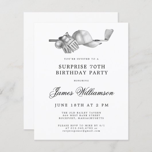 BUDGET Überraschung Golf 70. Geburtstag Einladung (Vorne/Hinten)