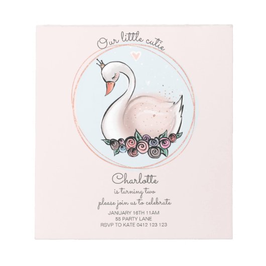 BUDGET Unsere kleine Süsse Rosa Schwan Einladung Notizblock (Vorderseite)