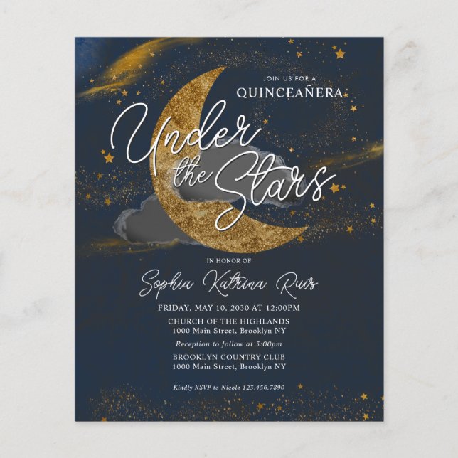Budget unter der Sterne Blue Gold Moon Quinceanera (Vorderseite)
