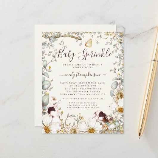 Budget Vintag Bunnies Baby Sprinkle Cream Einladun (Vorderseite/Rückseite Beispiel)