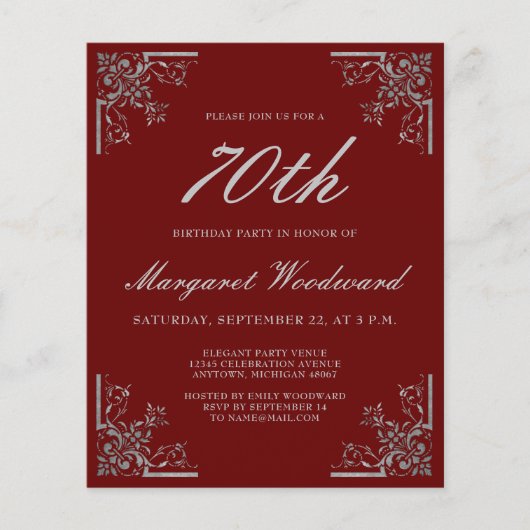 Budget Vintag Burgund Silver Geburtstagseinladung (Vorderseite)