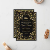 Budget Vintag Glam Black Gold Tiara Quinceanera Mitteilungskarte (Vorderseite/Rückseite Beispiel)