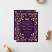 Budget Vintag Glam Lila Gold Tiara Quinceanera Mitteilungskarte (Vorderseite/Rückseite Beispiel)