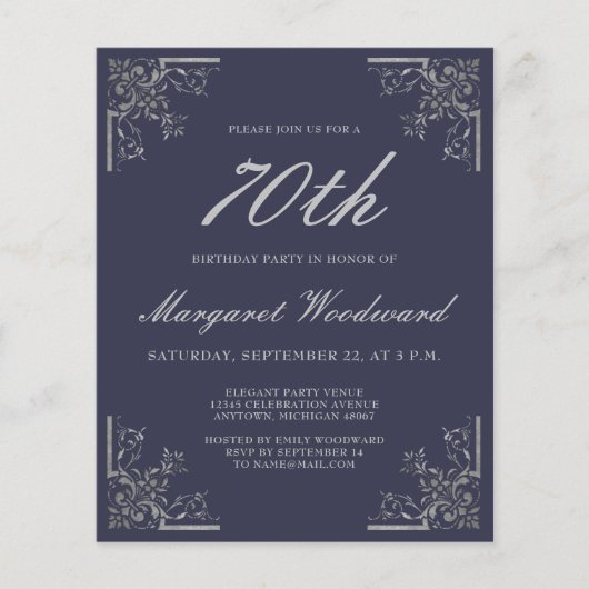 Budget Vintag Navy Silver Birthday Einladung (Vorderseite)