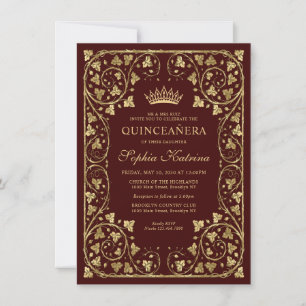 Budget Vintage Burgunder Rot Gold Tiara Quinceaner Mitteilungskarte