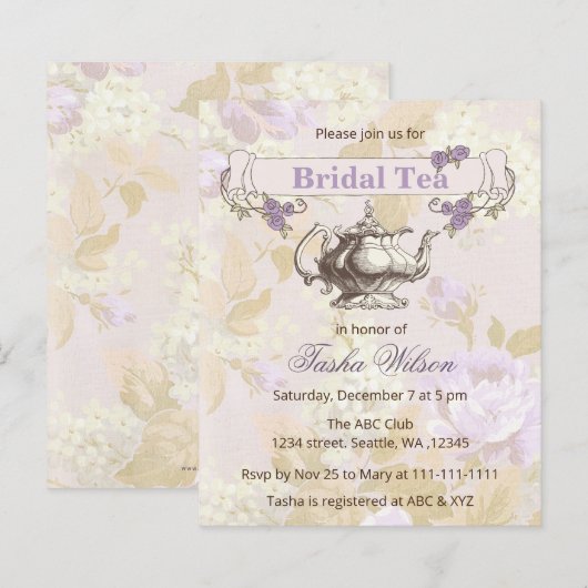 Budget Vintage Lila Bridal Tee Party Einladung (Vorne/Hinten)