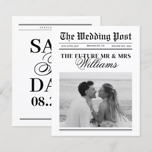 Budget Vintage Zeitungs-Hochzeit Save The Date (Vorne/Hinten)