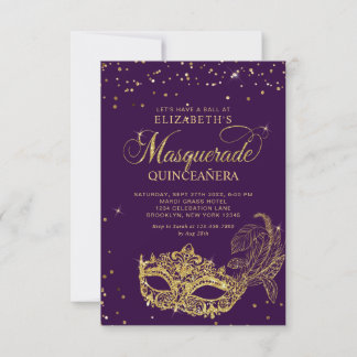 BUDGET Violetter Gold-Maskenball-Quinceañera-Foto Mitteilungskarte