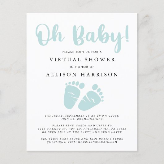 Budget Virtual Baby Dusche Mint Feet Einladung (Vorderseite)