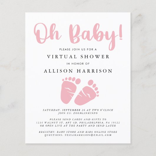 Budget Virtual Baby Dusche Rosa Feet Einladung (Vorderseite)