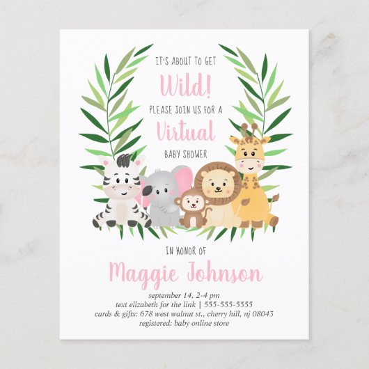 Budget Virtual Safari Pink Baby Dusche Einladung (Vorderseite)