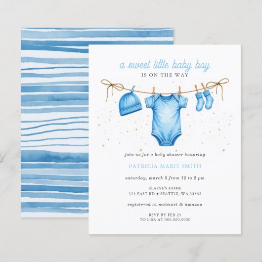 Budget-Wäscheleine Blau Junge Baby Shower Einladun (Vorne/Hinten)