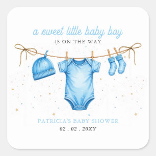 Budget-Wäscheleine Blau Junge Baby Shower-Einladun Quadratischer Aufkleber