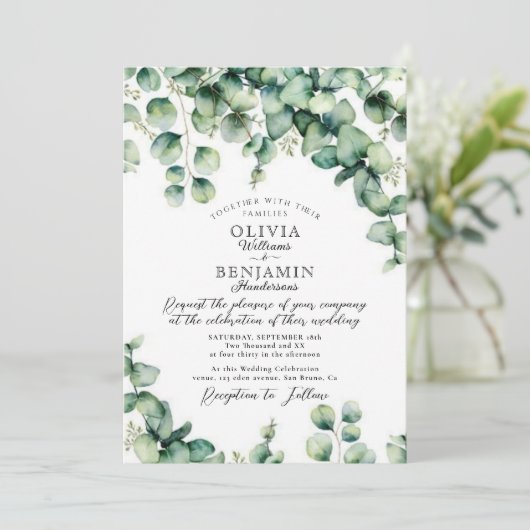 Budget Wasserfarbe Eukalyptus Grüne Hochzeit Einladung (Stehend Vorderseite)