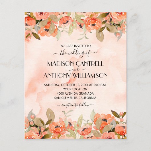 Budget Wasserfarbe Floral QR Code Hochzeit Einladu (Vorderseite)