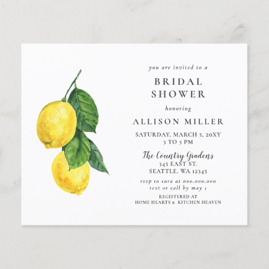 Budget Wasserfarbe Lemon Bridal Dusche Einladung (Vorderseite)