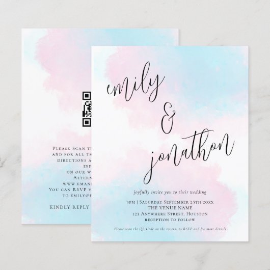 Budget Wasserfarbe Rosa Blue QR Code Hochzeit einl (Vorne/Hinten)