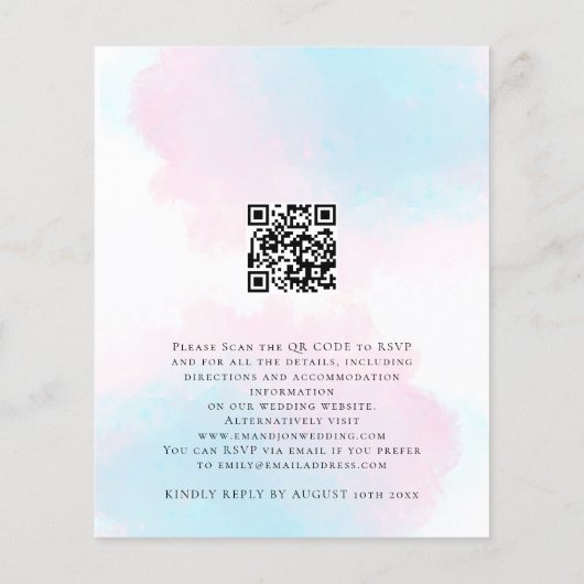 Budget Wasserfarbe Rosa Blue QR Code Hochzeit einl (Rückseite)