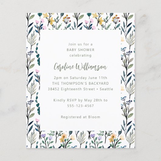 Budget Wasserfarbe Wildblume Kinderdusche Einladun (Vorderseite)