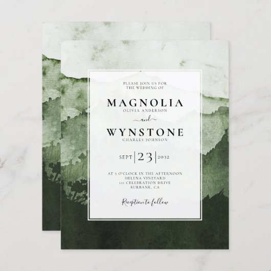 Budget Wasserfarbengebirge Hochzeitseinladung (Vorne/Hinten)