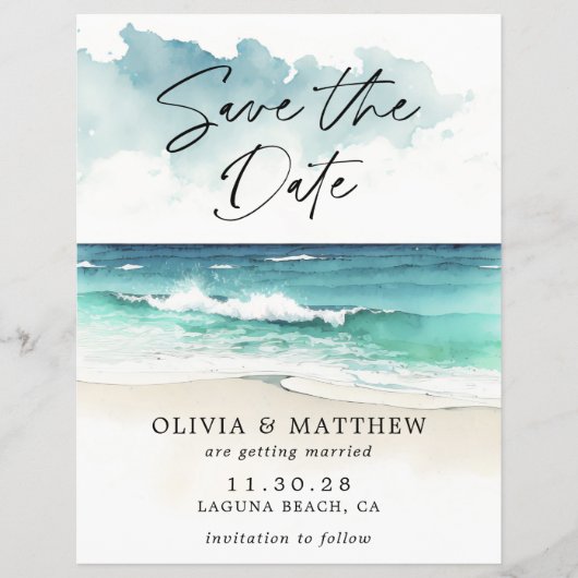 Budget Watercolor Beach Ankündigung Datum freihalt Flyer (Vorne)