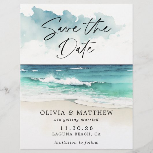 Budget Watercolor Beach Ankündigung Datum freihalt Flyer (Vorne)