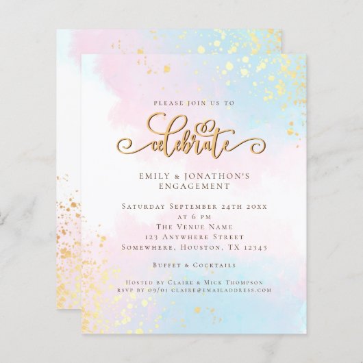 Budget Watercolor Blue Pink Script Verlobung (Vorne/Hinten)