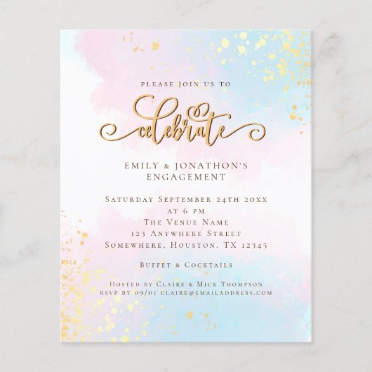 Budget Watercolor Blue Pink Script Verlobung (Vorderseite)