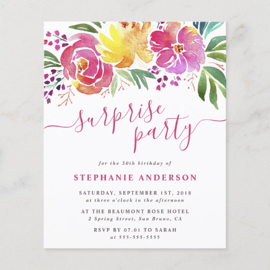 Budget Watercolor Blume Skript Überraschung Party (Vorderseite)