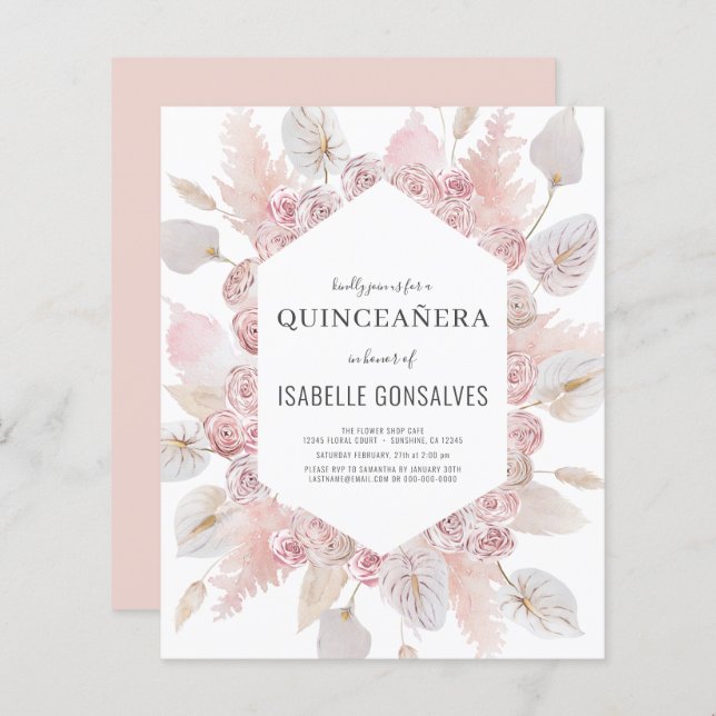 Budget Watercolor Boho QUINCEAÑERA Einladung (Vorne/Hinten)
