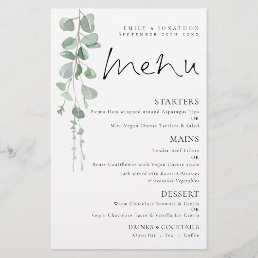 Budget Watercolor Eukalyptus Wedding Menu (Vorderseite)