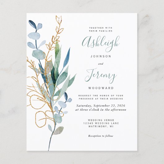 Budget Watercolor Gold Eukalyptus Wedite (Vorderseite)