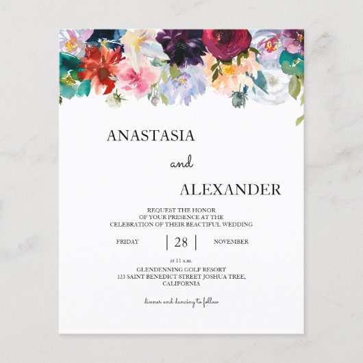 Budget Watercolor Hochzeit Einladung. Einladung (Vorderseite)