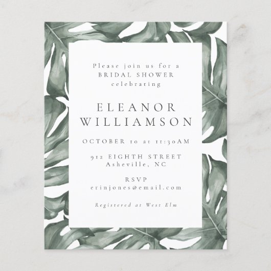 Budget Watercolor Monstera Brautparty Einladung (Vorderseite)