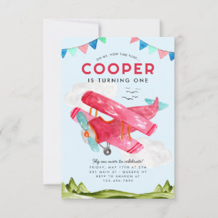 Budget Watercolor Sky Red Kids Airplane Geburtstag Mitteilungskarte