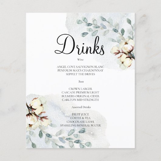 Budget Watercolor WEDDING MENU. Flyer (Hinten)