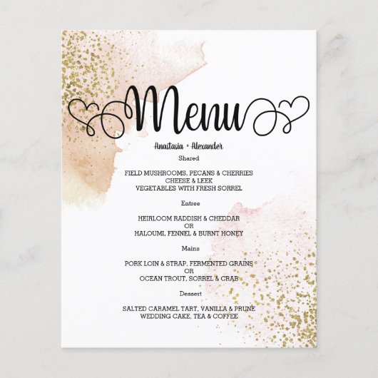 Budget Watercolor WEDDING MENU. Flyer (Vorne)