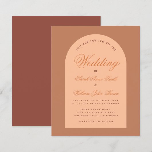 Budget Wedding Arch Calligraphy Brown Einladung (Vorne/Hinten)