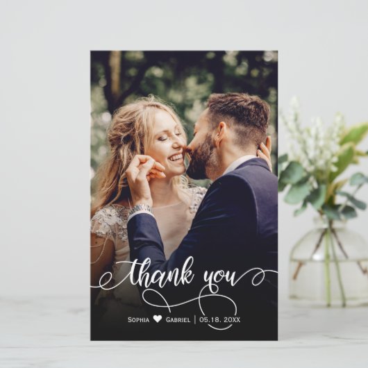 Budget Wedding Foto Calligraphy Danke Karte (Stehend Vorderseite)