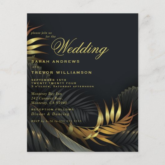 Budget Wedding Gold und Black Tropical Blätter (Vorderseite)