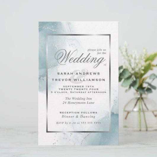 Budget Wedding Light Aquamarin Blue Silver Abstrak (Stehend Vorderseite)