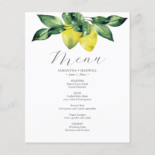 Budget Wedding Menu Lemon und Amalfi Tile Flyer (Vorne)